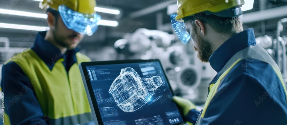 Poster two engineers in hardhats and safety glasses review a 3d model on a laptop in a factory setting.