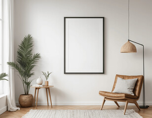 Mock up frame hanging on a white wall with minimal decoration
