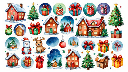 Fototapeta premium New Year background. flat layout of New Year symbols. Santa Claus, fairy house, snowman, gifts, New Year's toys.