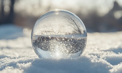 a snow globe on the ground with falling snowflakes, against a dark blue background. Web banner with copy space. glass sphere filled with sparkling white snow