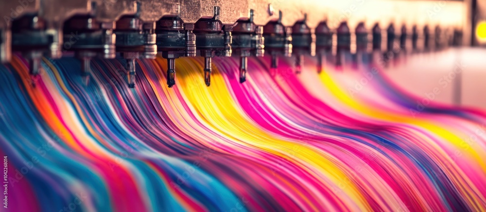 Poster close-up of a printing machine with colorful ink flowing out of it.