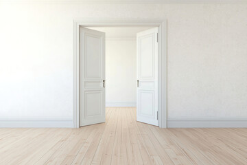 Fototapeta premium Bright and spacious empty room with open double doors showcasing wooden flooring and neutral walls, perfect for design inspiration. Generative AI