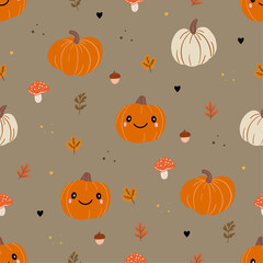 Fall seamless pattern with pumpkin, mushroom, leaf, acorn. Autumn season. Orange pumpkin with cute face. Hand drawn vector illustration