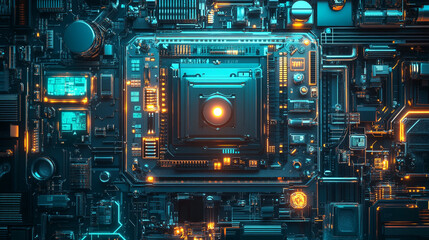 Futuristic Circuit Board with Glowing Lights and Components