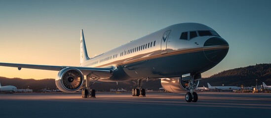 Obraz premium Large passenger airplane parked on the tarmac at dusk with other planes in the background.