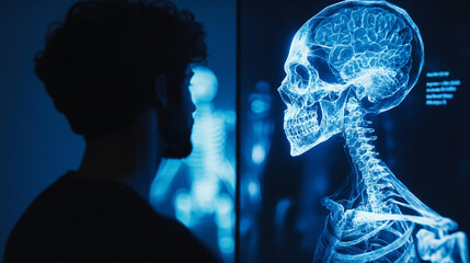 Man Contemplating Medical X ray of Skeleton and Skull