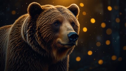 A majestic brown bear emerges from the shadows of a dark forest, illuminated by a burst of golden light. Its thick, shaggy fur is a rich brown color, contrasting with the surrounding darkness.