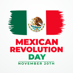 D&iacute;a de la Revoluci&oacute;n Mexicana poster vector illustration. Revolution Day Mexico symbol. Grunge flag of Mexico icon vector on a white background. Paintbrush mexican flag design element. November 20