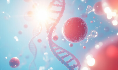 DNA strands and exosomes in a bright biological environment. Scientific visualization of molecular structures related to cell biology, cosmetology, and trichology research.