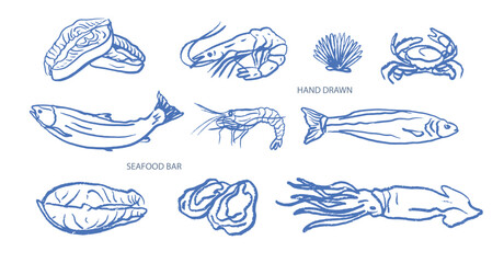 Isolated vector sketch set of seafood. Shrimps, langoustines, prawns, salmon, trout, oysters, mussels, squid, crab, lemon. Hand drawn seafood delicacy, restaurant and marine cafe menu.