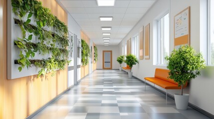 School hallway with vertical plant walls potted plants on benches eco-friendly design promoting wellness and environmental awareness