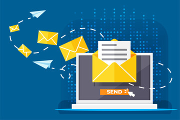 Running email campaign, e-mail advertising, direct digital marketing. Concept with letter in envelope flying from computer screen. Internet advertisement, online promotion. Sign up to mailing list