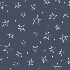 Child Doodles Stars sparkle Seamless Pattern. Abstract outline drawn white Outline star. Cute Simple Night sky Background. Paintbrush vector Illustration