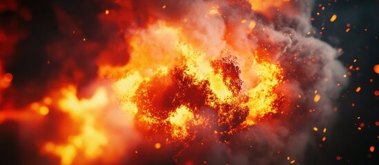 Close-up of a large fire with bright orange and yellow flames and smoke.