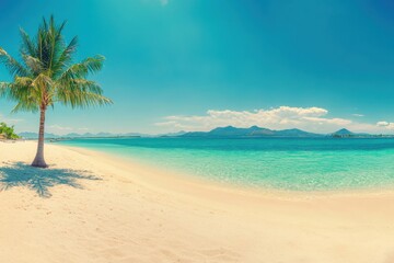 Obraz premium Panorama banner photo of idyllic tropical beach with palm tree