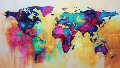 A beautiful abstract painting of a world map with vibrant colors illustrating the connections between cultures
