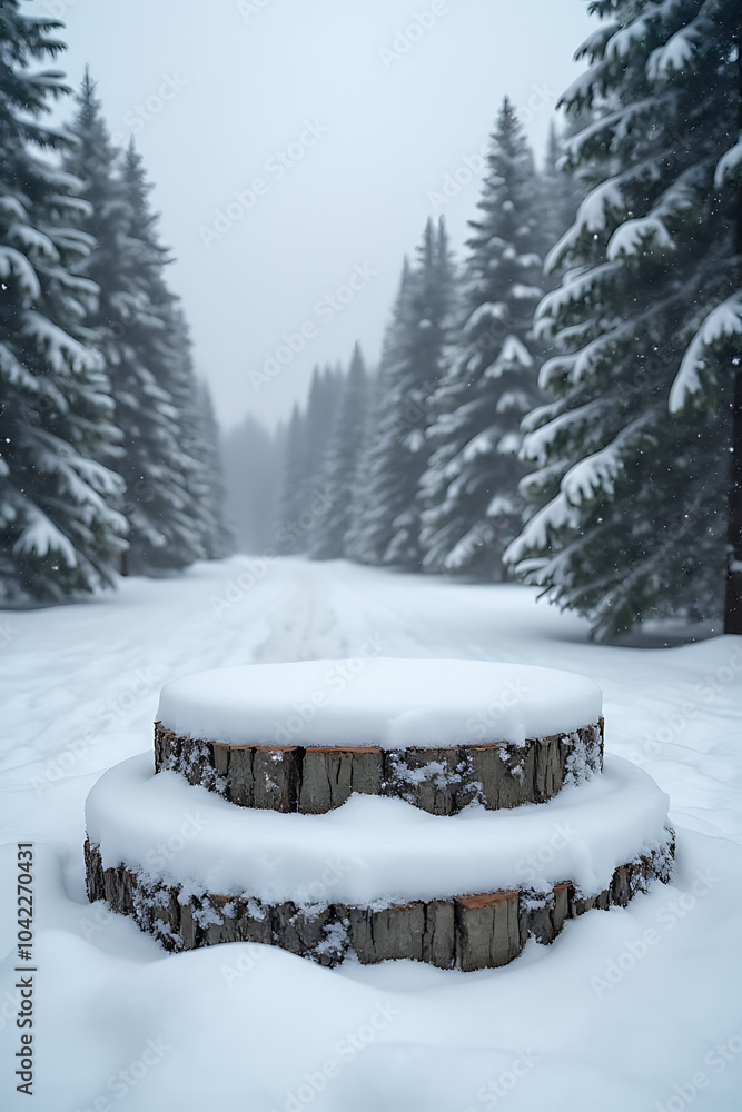 Poster snowy round podium winter forest product placement display needs setup quickly outside