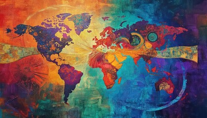 A beautiful abstract painting of a world map with vibrant colors illustrating the connections between cultures