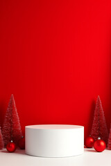vibrant red backdrop features white podium holiday decorations red ornaments festive display