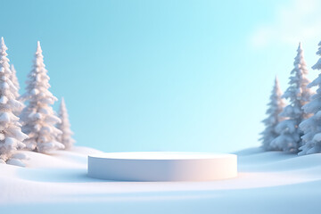 winter scene features podium set serene blue sky surrounding trees abstract landscape design