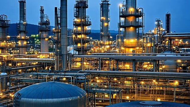 Illuminated Industrial Complex in the Evening Showcasing Extensive Pipelines and Towering Structures
