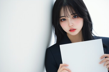 Naklejka premium Young Asian woman in dark sharp suit holding a white blank sign isolated on a white background. standing and holding blank white banner card for mock-up