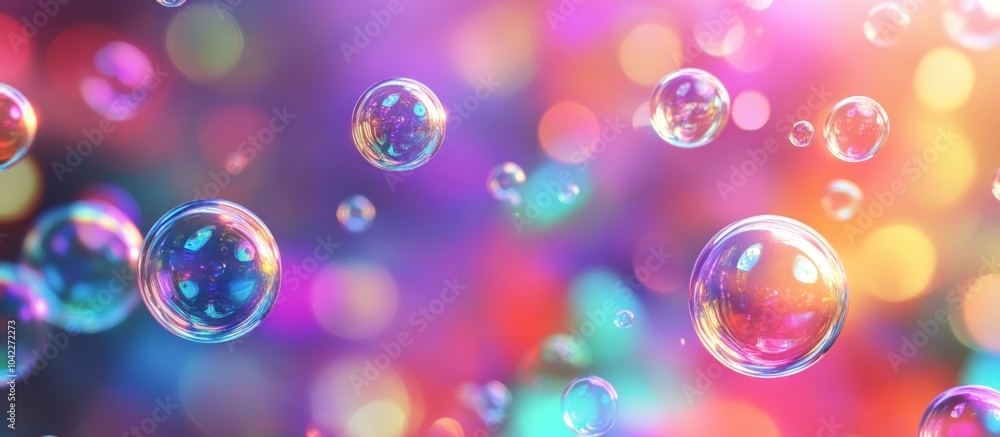 Poster abstract colorful background with iridescent soap bubbles in front of bokeh lights.