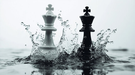 Black and White Chess Kings Splashing in Water  Strategy Concept