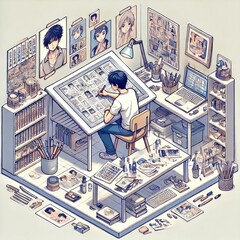 漫画・漫画家のアイソメトリック画像 Isometric images of manga and manga artists