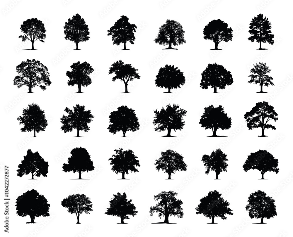Poster forest trees silhouettes black vector icons set featuring various types of trees such as pine oak bi