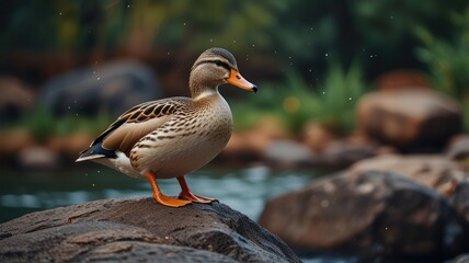 A duck stands on a rock in a pond with raindrops falling around it.