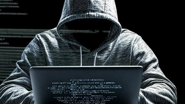 A Mysterious Figure in a Hoodie Types Code on a Laptop Amidst Cascading Lines of Computer Programming in a Dark Room