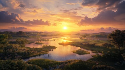 A peaceful sunrise over a diverse landscape showcasing different ecosystems and their harmony