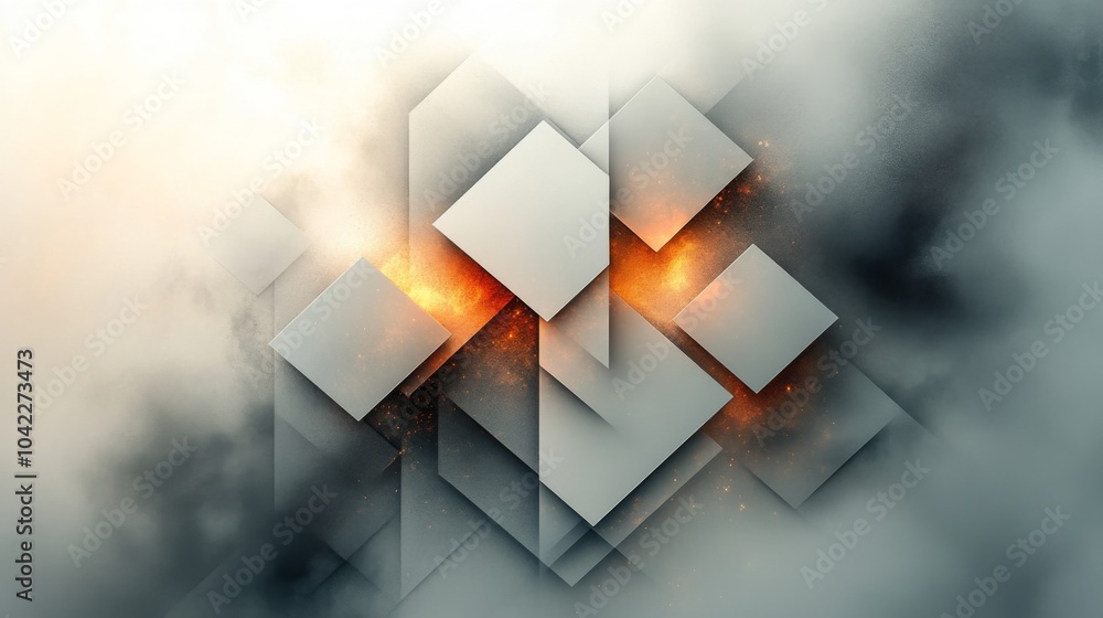 Poster Geometric shapes in muted colors rise from a misty backdrop, with glowing orange elements adding a striking contrast, creating an ethereal atmosphere.