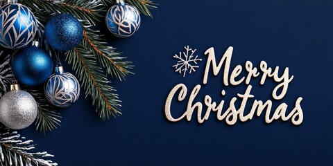 Stylish Christmas card featuring silver and blue ornaments on a deep navy background with elegant typography