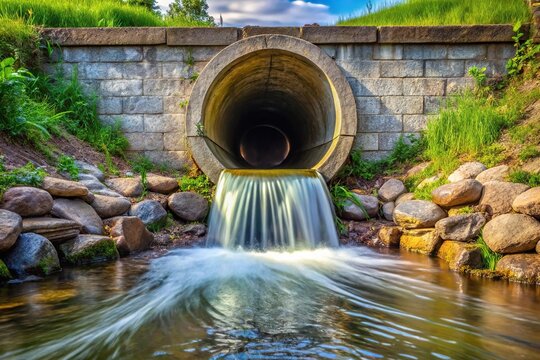 Reflecting water flow into retention basin from storm drain sewer pipe outlet
