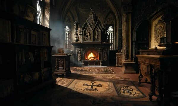 Reverse tracking shot with flickering light: The camera starts in a dark, gothic study with old books and eerie artifacts. The camera reverses tracks to reveal an ancient, ornate fireplace with a flic