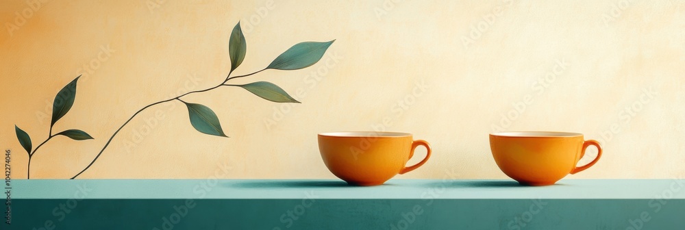 Poster two vibrant cups sit atop a teal surface, harmoniously accompanied by flowing lines representing tea