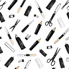 Obraz premium Seamless pattern of sketchedout school stationery, from scissors to staplers, with handdrawn charm, minimalist blackandwhite doodles doodle, school supplies, sketch, seamless