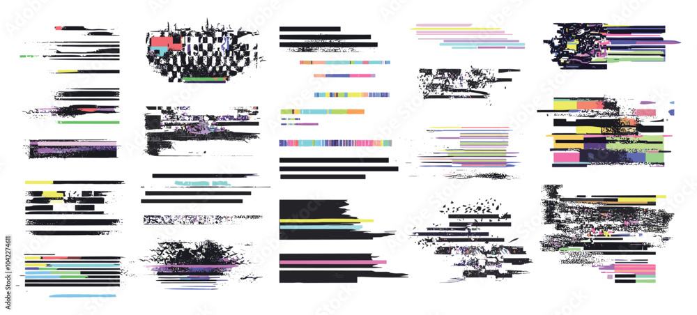 Poster glitch effects digital decay elements set featuring distorted visuals pixelated color fringes and da
