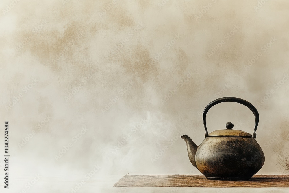 Poster a vintage tea kettle releases delicate steam into the air, creating a calming atmosphere in a softly