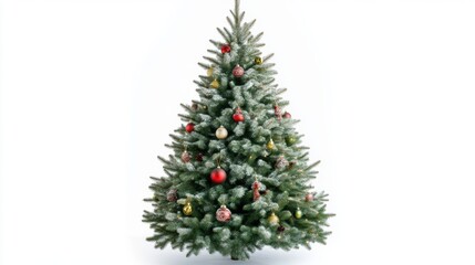 Fototapeta premium Fluffy christmas fir tree decorated with traditional ornaments on white background