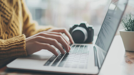 Blogger Working in Cozy Cafe with Laptop and Camera