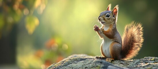 A curious red squirrel sits on a rock in a forest with a soft, out-of-focus green and brown background.