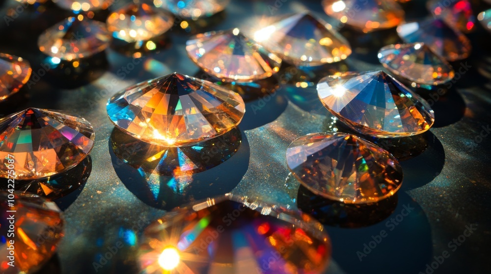 Aufkleber Brilliant gemstones with vibrant colors are arranged on a dark surface, each reflecting light in unique patterns that create a stunning display.