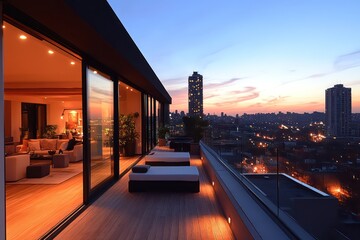 a view from a luxury penthouse balcony that over the looks a beautiful city view.