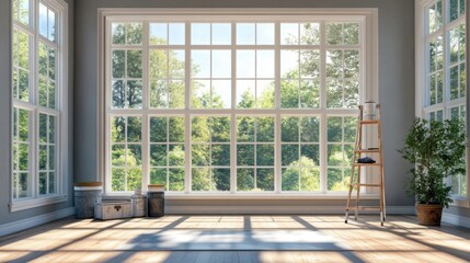 Fototapeta premium Renovated room with large windows paint can step ladder remodeling scene