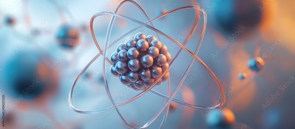 Aufkleber 3d rendering of an atom with a metallic nucleus and orbiting electrons.