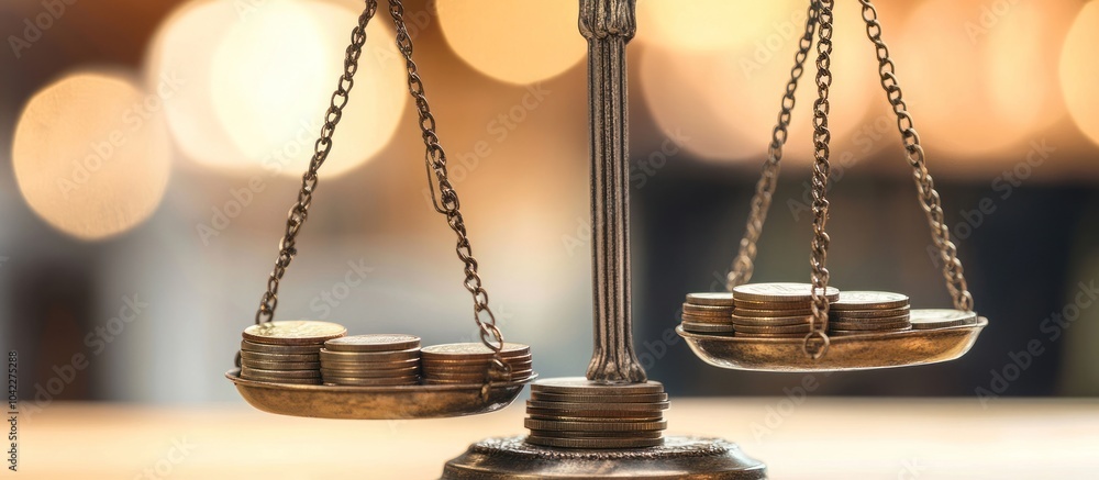 Poster Close up of a scale with coins on each side, with a blurred bokeh background.