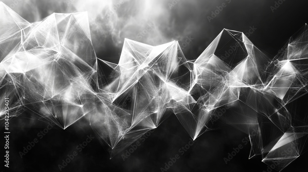 Aufkleber This captivating display features a series of interconnected geometric shapes in black and white, set against a misty backdrop. The flowing lines and forms evoke a sense of movement and depth.